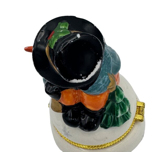 Vintage Snowman Porcelain Trinket Box With Dog Figurine & Gold Trim - Picture 5 of 6